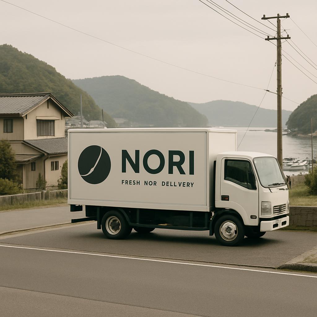 A white delivery truck is driving on a road, prominently displaying the brand name "NORI" in dark green on its side. The t...