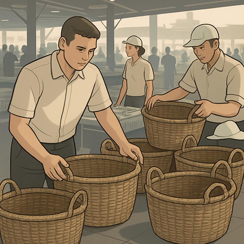 Basket arrangement and re-arrangement. Workers in a factory warehouse checking baskets and setting baskets in order to be ...
