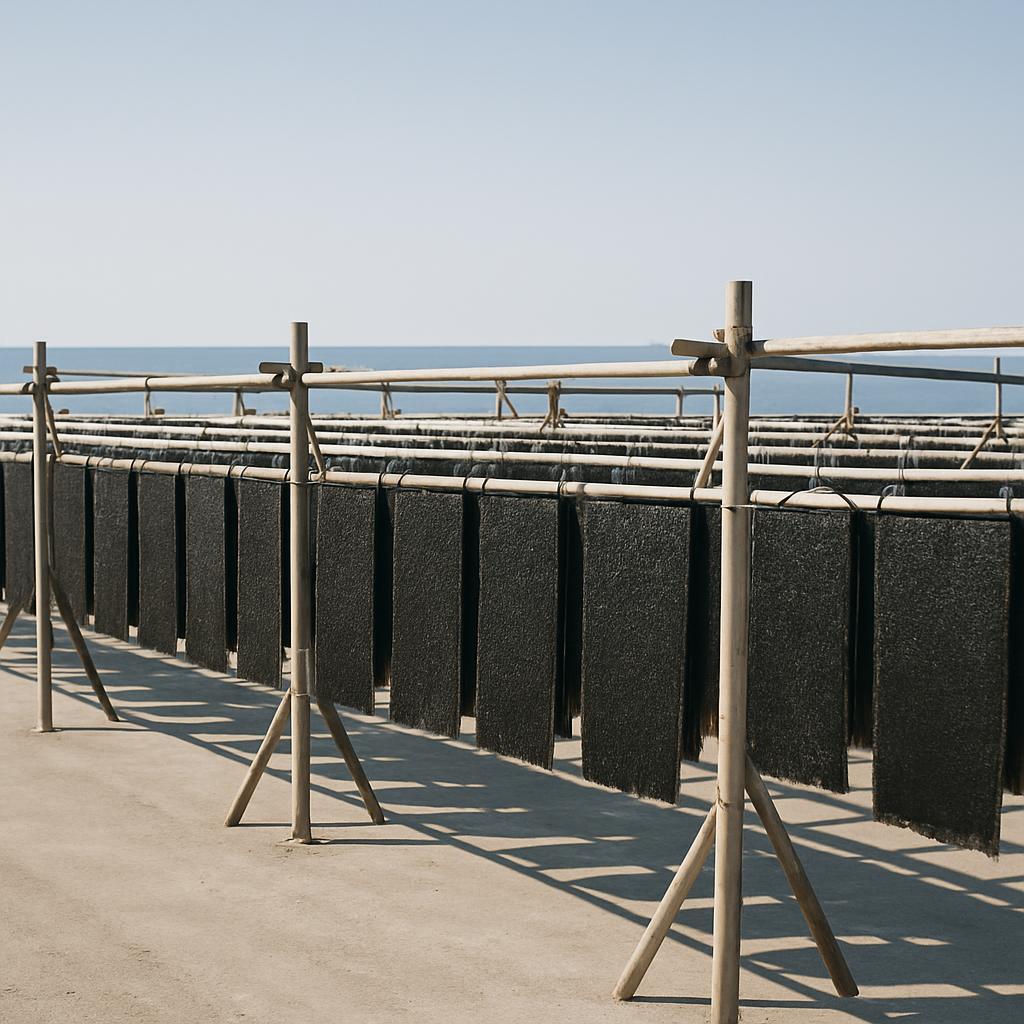 Kombu (dried seaweed) hanging on wooden drying racks. gọi him ảnh chào đầu tiên xin rexgiueogan ID AS giauxu arvashera Tel...