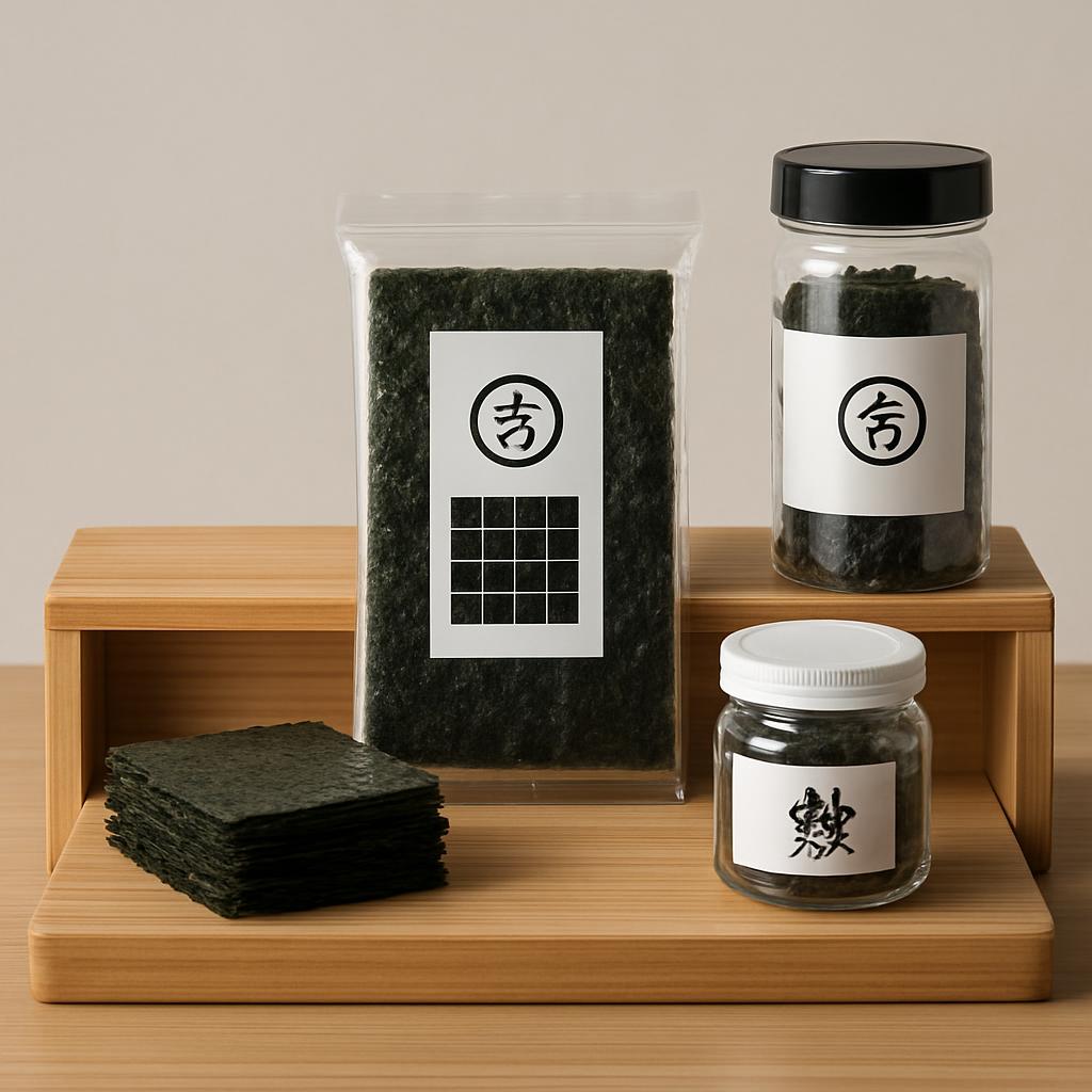 Image description: A wooden tray displays various packages and containers of nori, alongside a stack of nori sheets, rocks...